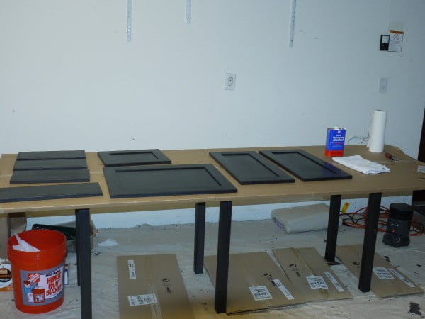 Prep table for painting kitchen cabinet doors.