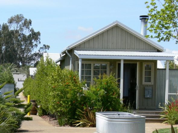 Cottage with board and batten siding.