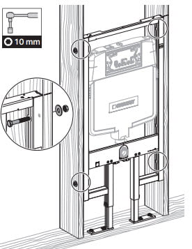 Secure the Geberit In-Wall toilet carrier frame to the wall studs using nuts and bolts or lags bolts. 