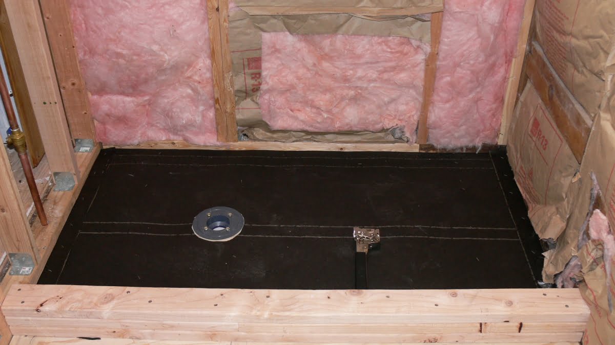 Cover subfloor plywood of shower pan with layer of tar paper.
