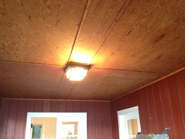Existing cabin porch ceiling prior to beadbaord porch ceiling install.