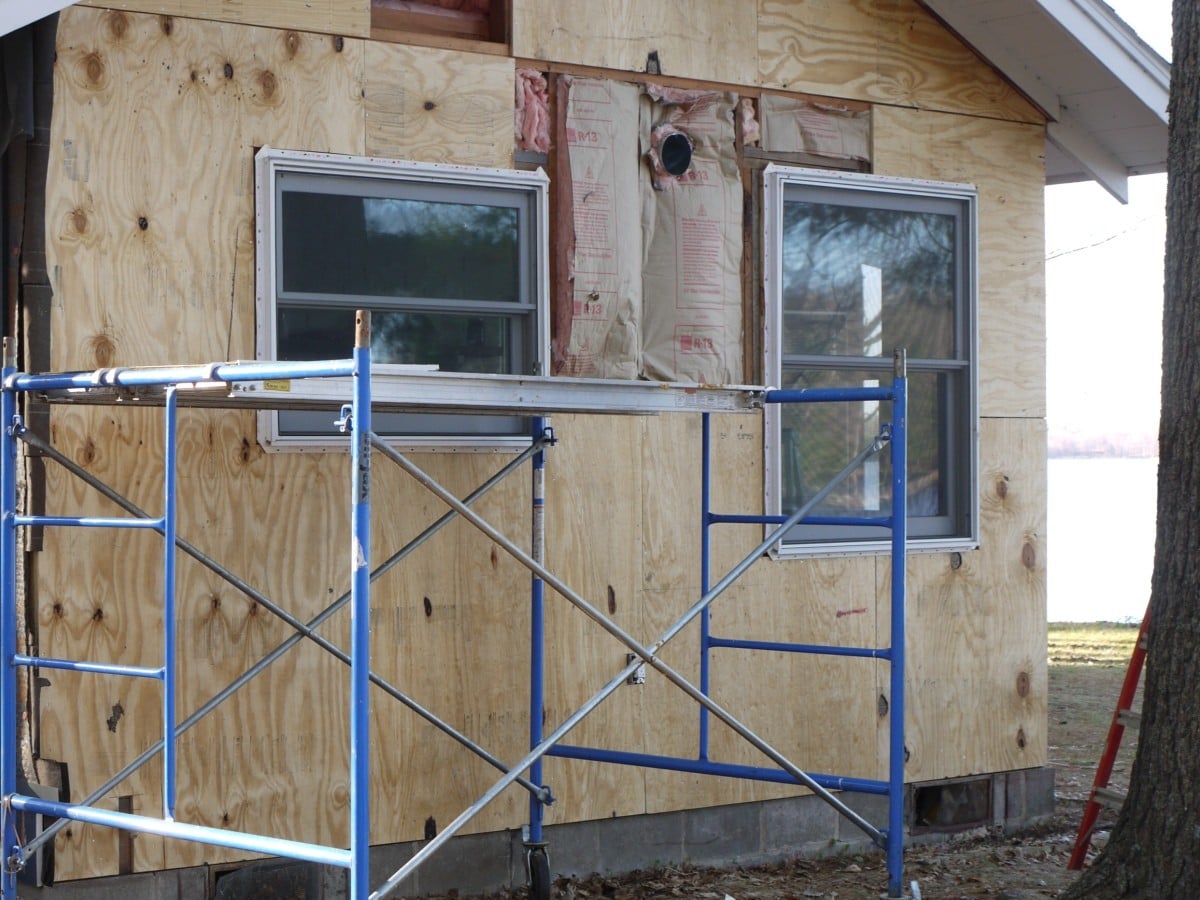 Re-sheathing vented rainscreen wall with span rated plywood.
