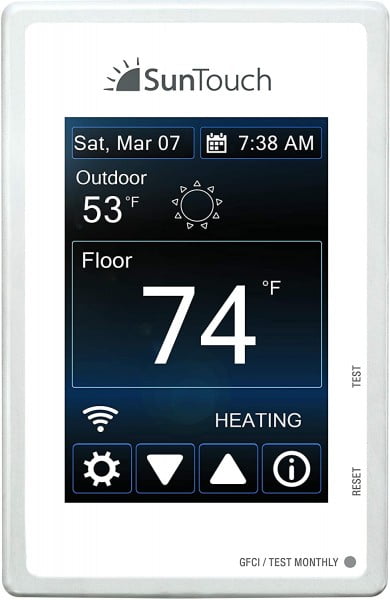 SunTouch (Tekmar) programmable wifi thermostat for electric radiant in-floor heating systems.